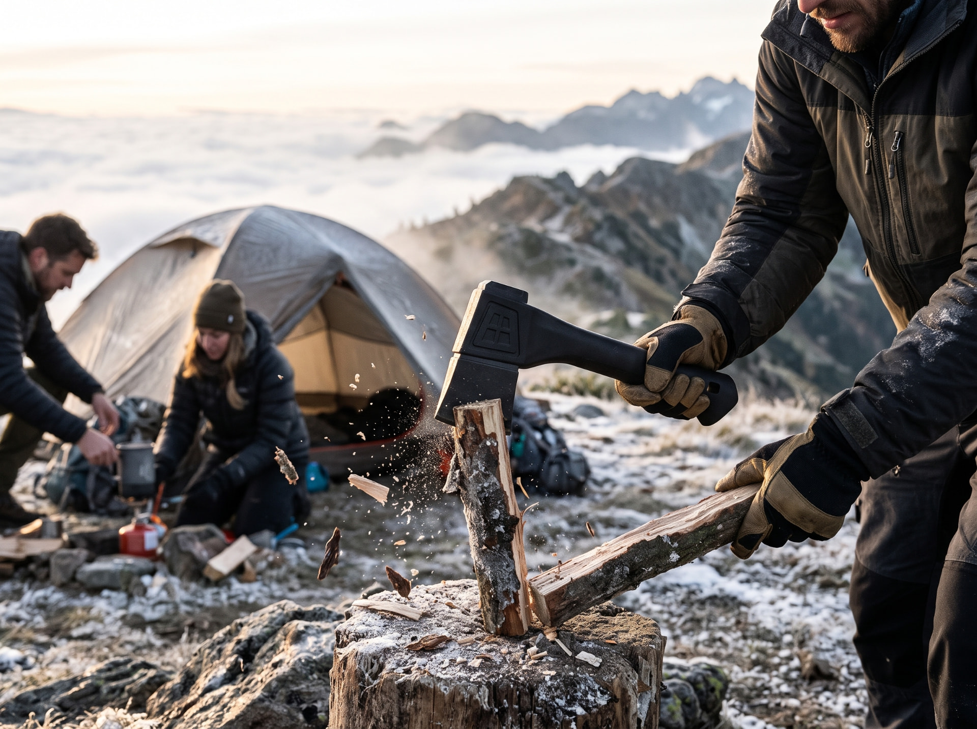 GTOOLS Beil spaltet Holz in einem Winterlager in den Bergen